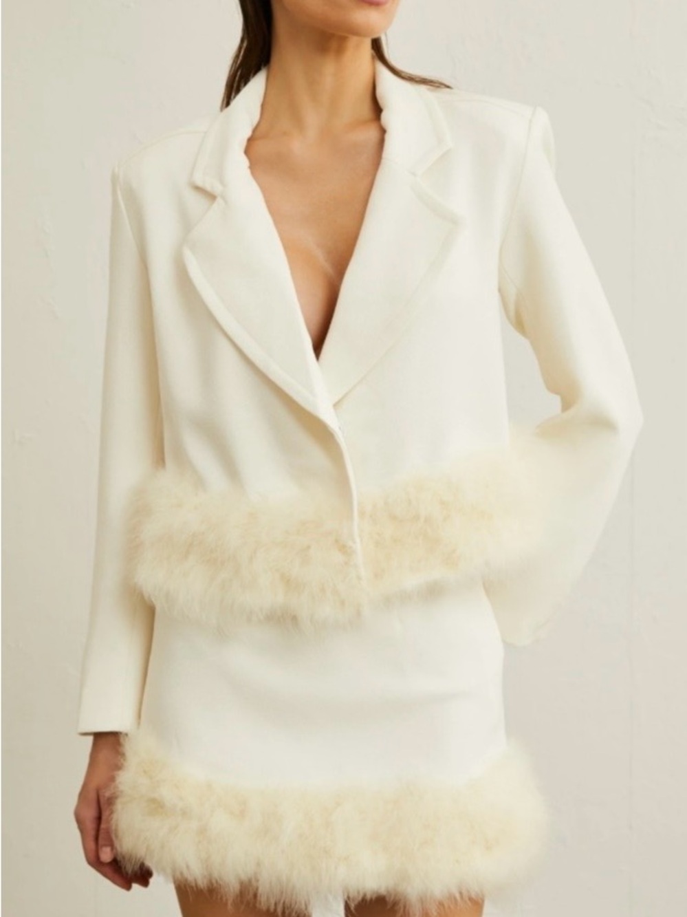 Ivory Feather Hem Blazer and Skirt